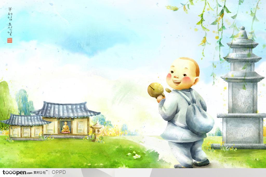 手绘水彩插画佛教人物-拿着木鱼的小和尚走向寺庙