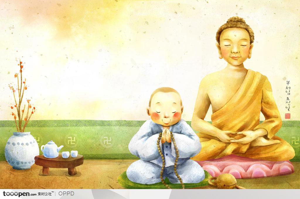 手绘水彩插画佛教人物-坐在镀金如来佛像前打坐念经的小和尚