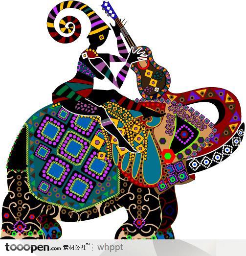 少数民族精美装饰画——女人骑在大象上弹琴
