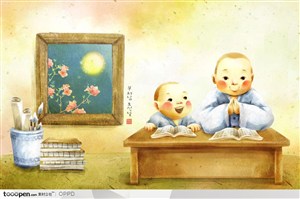 手绘水彩插画孩童人物-佛教小和尚夜晚诵读经书