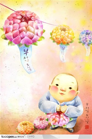 手绘水彩插画佛教人物-元宵节节日看花灯的小和尚