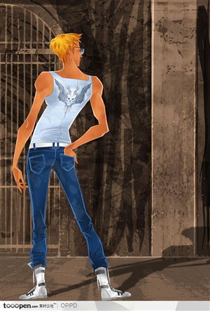 手绘水彩插画男性人物-巴黎街头时尚休闲服饰个性短发帅哥