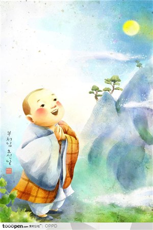 手绘水彩插画佛教人物-对着月亮诵经的小和尚