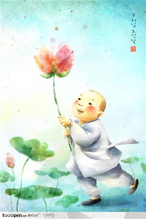 手绘水彩插画佛教人物-举着莲花的小和尚