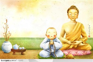 手绘水彩插画佛教人物-坐在镀金如来佛像前打坐念经的小和尚