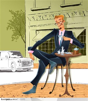 巴黎街头穿着职业装西服的成熟男性喝咖啡矢量卡通人物