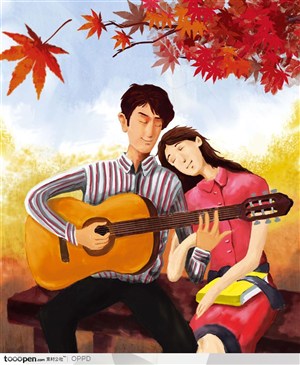 手绘水彩插画情侣人物-坐在枫树下弹吉他的男人和倾听的女孩