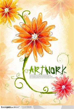手绘背景底纹-彩绘背景上的橙色菊花