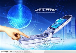 创意商业设计-蓝色商务背景水花与翻盖手机