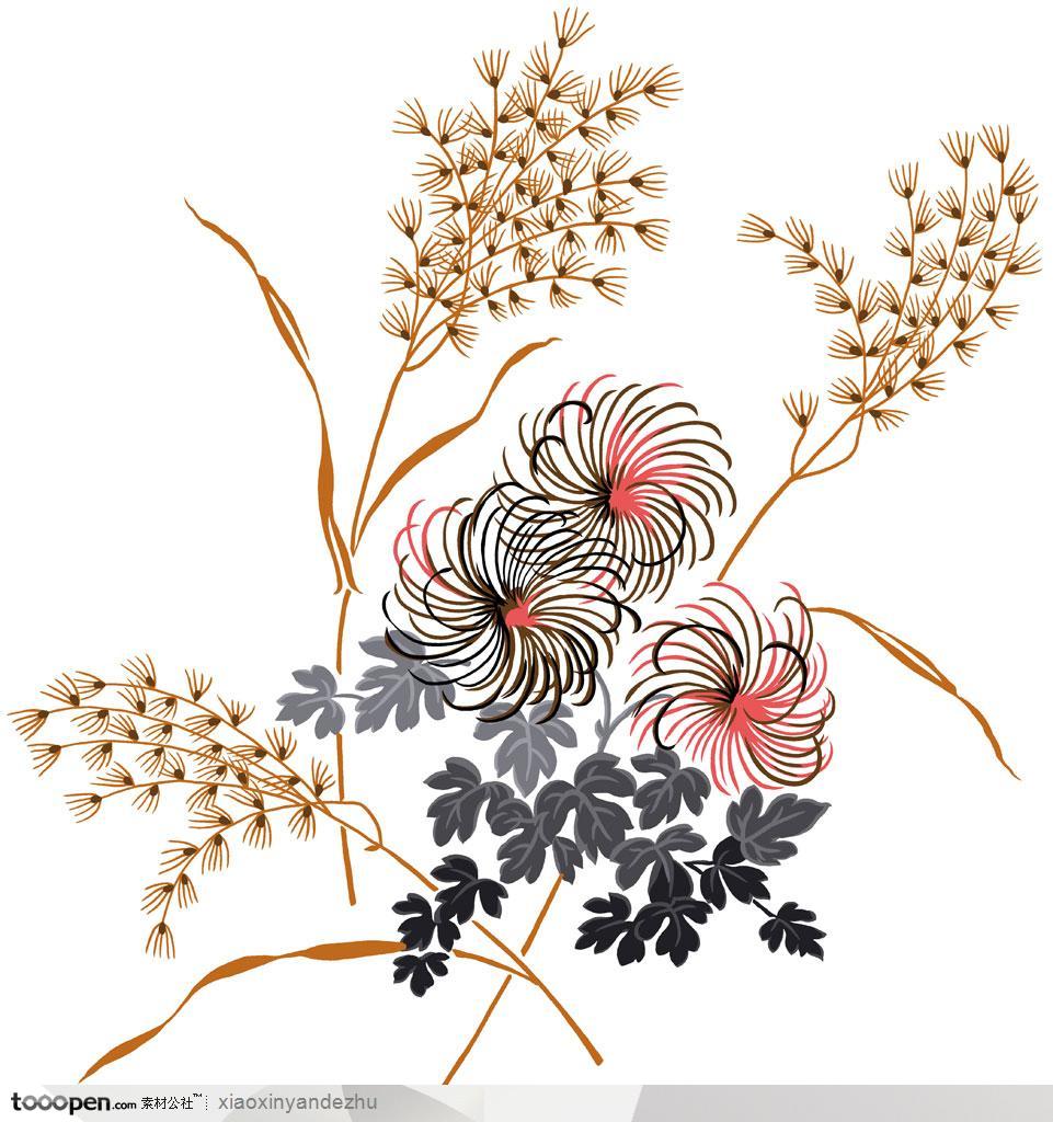 手绘水彩花朵花纹-叶子和彼岸花