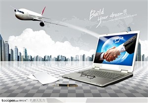 创意商业设计-商业大厦,飞机,笔记本电脑