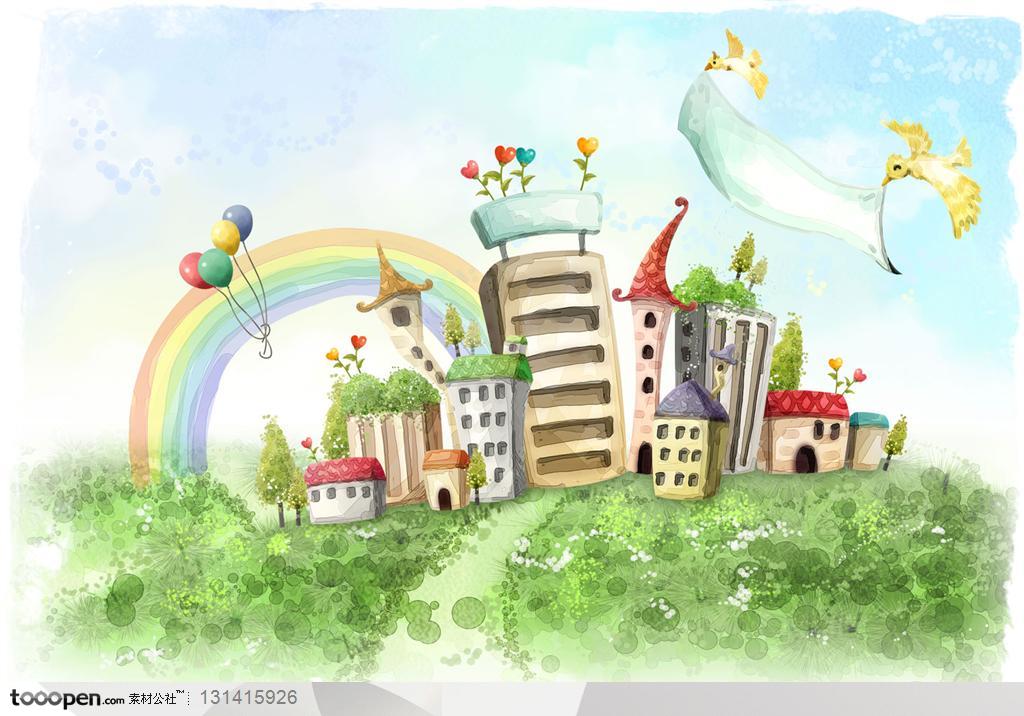 手绘卡通漫画素材-彩绘背景上的彩虹下的阳光城市