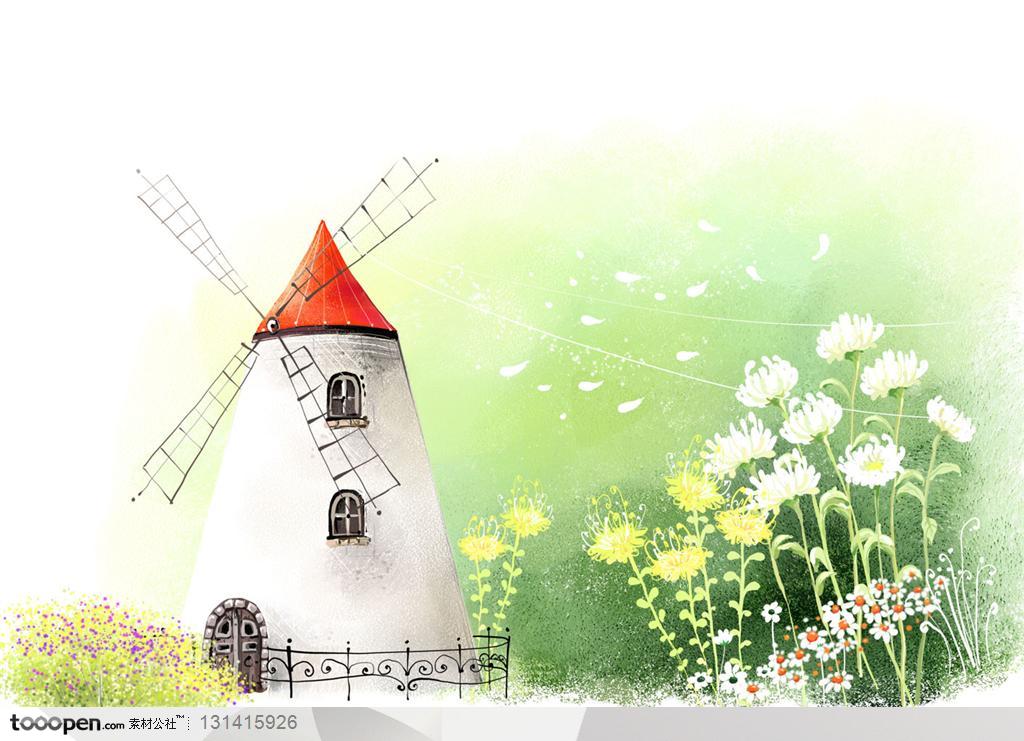 手绘卡通漫画素材-彩绘背景上的荷兰风车