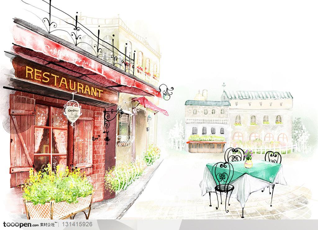 手绘素材-彩绘背景上的欧式小镇的街边店面