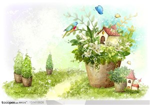 手绘背景底纹-彩绘背景上的建在花篮上的房子
