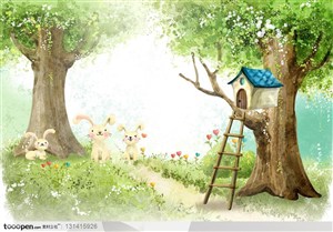 手绘卡通漫画素材-彩绘背景上的卡通树上的房子