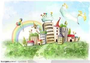 手绘卡通漫画素材-彩绘背景上的彩虹下的阳光城市