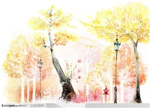 手绘卡通漫画素材-彩绘背景上的秋天的枫叶