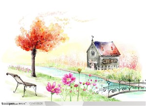 手绘卡通漫画素材-彩绘背景上的河边的长椅与房子