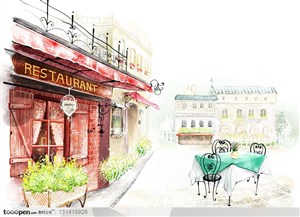 手绘素材-彩绘背景上的欧式小镇的街边店面