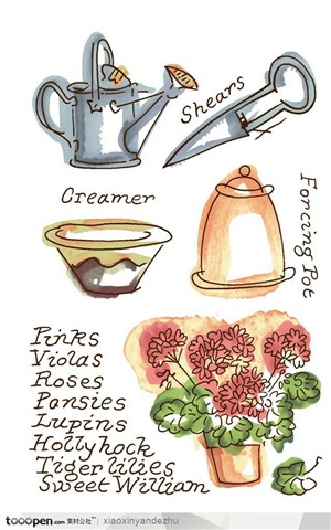 手绘插画风格-美丽生活之水彩厨具盆栽