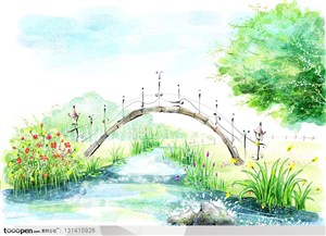 手绘卡通漫画素材-彩绘背景上的拱形小桥