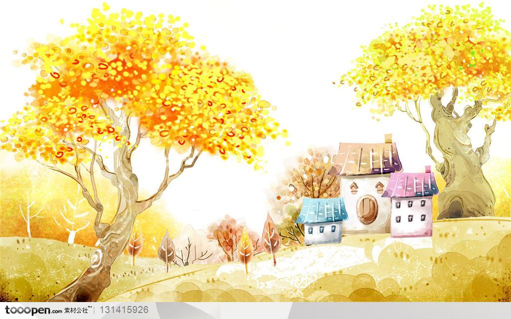 手绘素材-手绘背景上的秋天的小屋