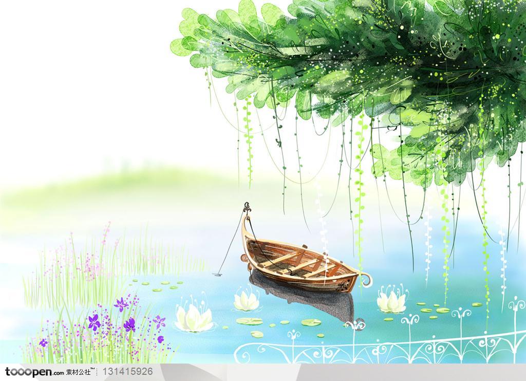 手绘素材-手绘背景上的停在蓝色湖上的小船