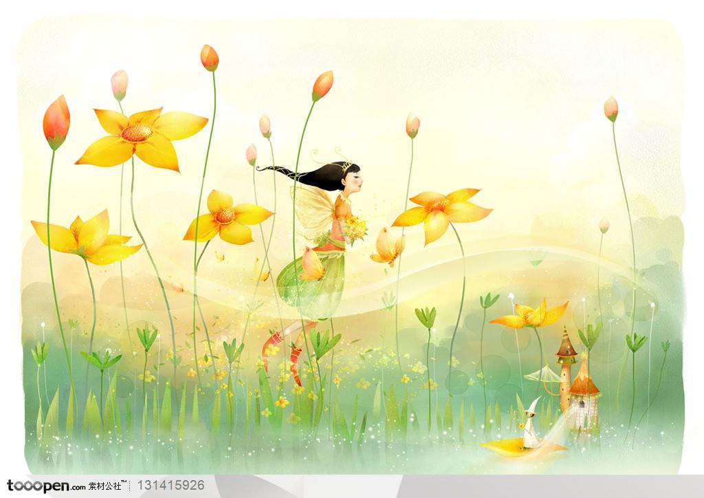 手绘卡通素材-手绘黄色背景上的飞在手绘黄色花朵上空的长了翅膀的小女孩
