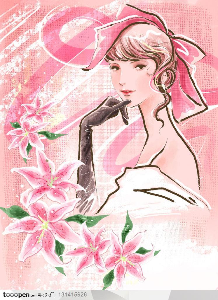 手绘人物素材-人物海报招贴-粉色笔触背景上的西方美女