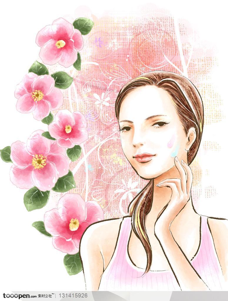 手绘人物素材-人物海报招贴-手绘粉色笔触背景上的运动美女
