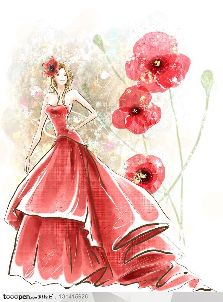 手绘人物素材-人物海报招贴-手绘穿大红长裙的高贵美女