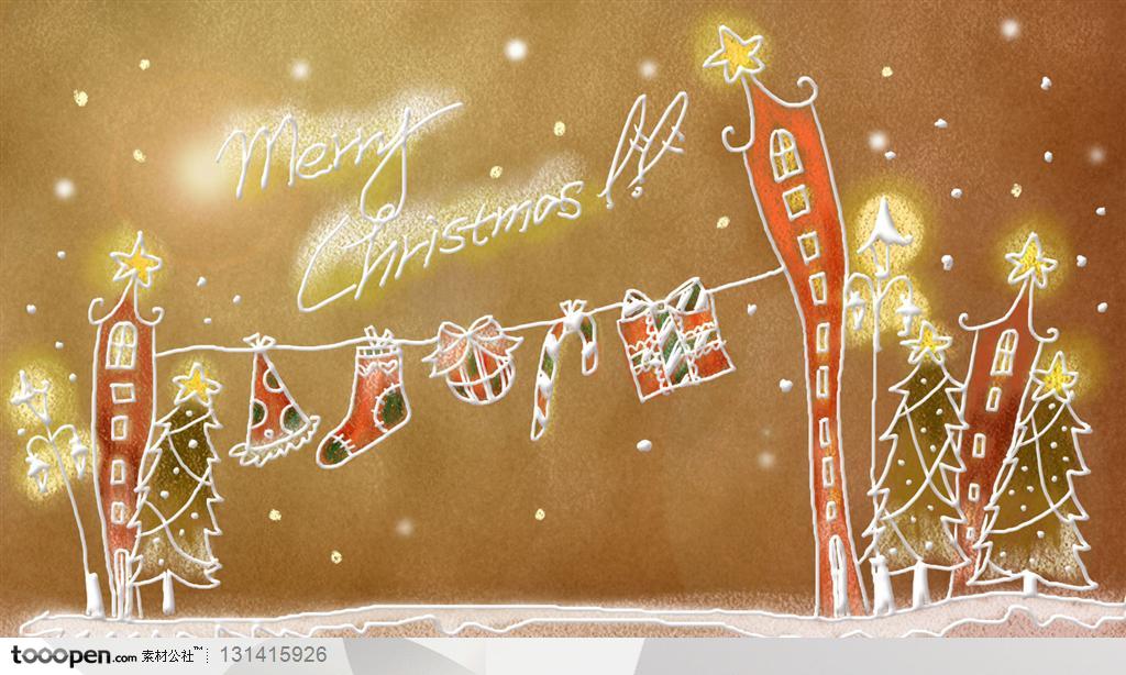 手绘卡通漫画素材-圣诞节元素-手绘褐色磨砂背景上的圣诞礼物