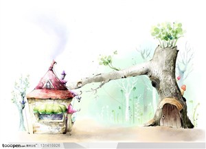 手绘漫画素材-彩绘背景上的奇怪的树和小房子
