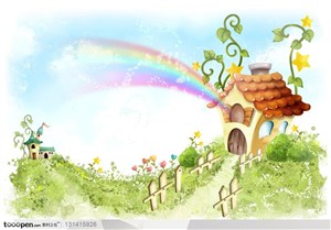 手绘素材-手绘背景上的七色彩虹下的卡通手绘房子