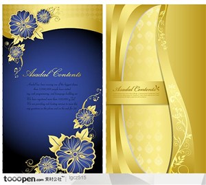蓝色典雅花纹金色背景矢量素材---鎏金花朵,金色纹样,华丽背景