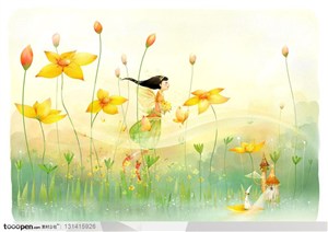 手绘卡通素材-手绘黄色背景上的飞在手绘黄色花朵上空的长了翅膀的小女孩