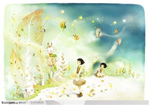 手绘卡通素材-手绘背景上的森林里看见手绘兔子的卡通小女孩