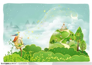 手绘卡通素材-手绘绿色植物背景上的卡通信箱