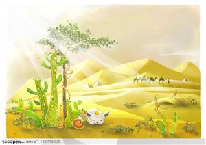 手绘卡通素材-手绘沙漠背景上的热带植物动物
