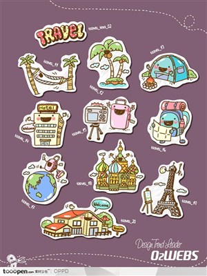 手绘水彩插画商业模板图标-卡通旅行旅游网店购物图标