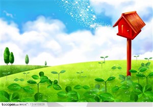 手绘卡通素材-手绘绿色草地上背景上的红色信箱