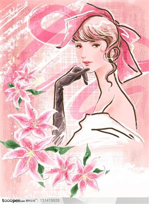 手绘人物素材-人物海报招贴-粉色笔触背景上的西方美女
