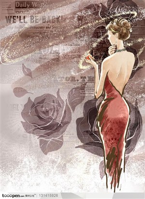 手绘人物素材-化妆品招贴 手绘玫瑰花背景上的穿旗袍的美女