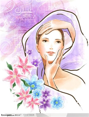 手绘人物素材-人物海报招贴-手绘紫色笔触背景上的带丝巾的美女
