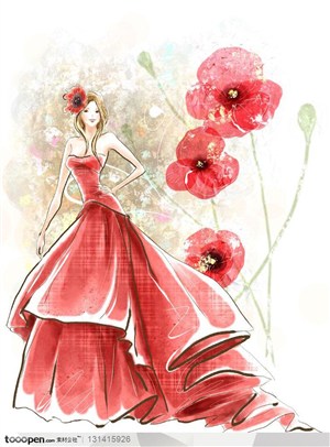 手绘人物素材-人物海报招贴-手绘穿大红长裙的高贵美女