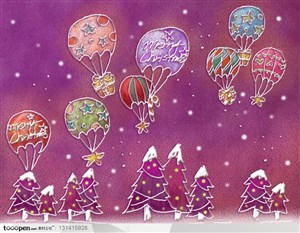 手绘卡通漫画素材-手绘圣诞节元素-手绘紫色磨砂背景上飘着有礼物的热气球