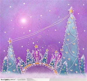 手绘卡通漫画素材-手绘圣诞节元素-手绘紫色背景上的圣诞树