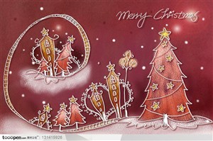 手绘卡通漫画素材-手绘圣诞节元素-手绘红色磨砂背景上的圣诞树