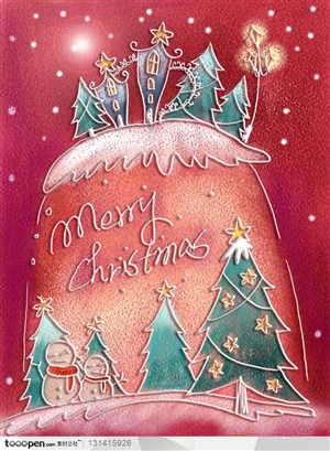 手绘卡通漫画素材-手绘圣诞节元素-手绘红色背景上的圣诞树